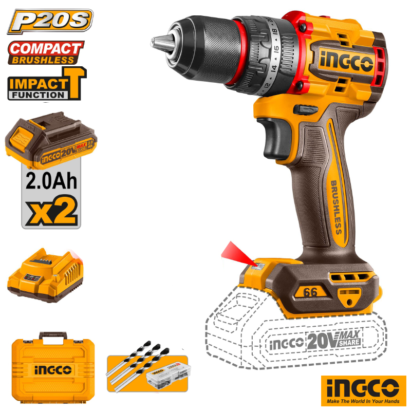 INGCO Codless Impact Drill with 2x Battery