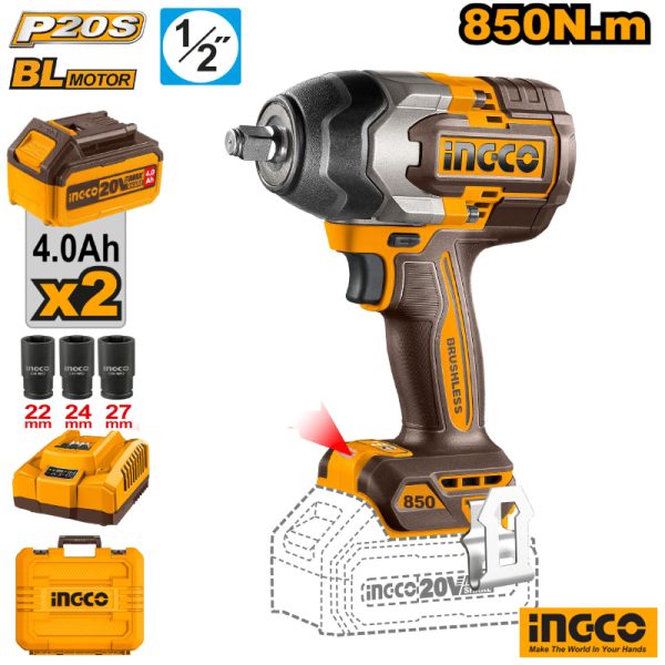 INGCO Codless Impact Wrench 850Nm + 2x 4Ah Battery