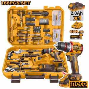 INGCO Cordless Impact Drill + 166 Tool Set